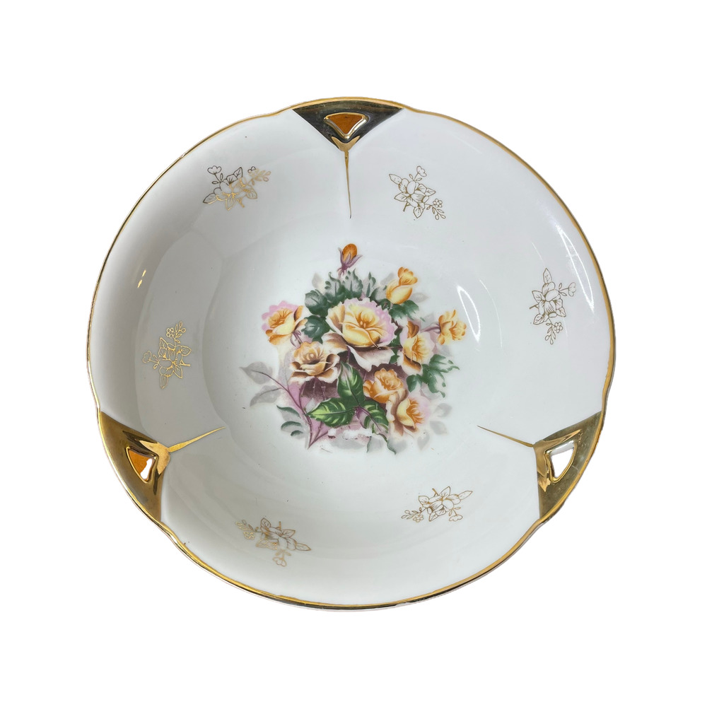 Vintage Hand Painted Serving Bowl Unbranded 9" White‎ With Floral & Gold Accents